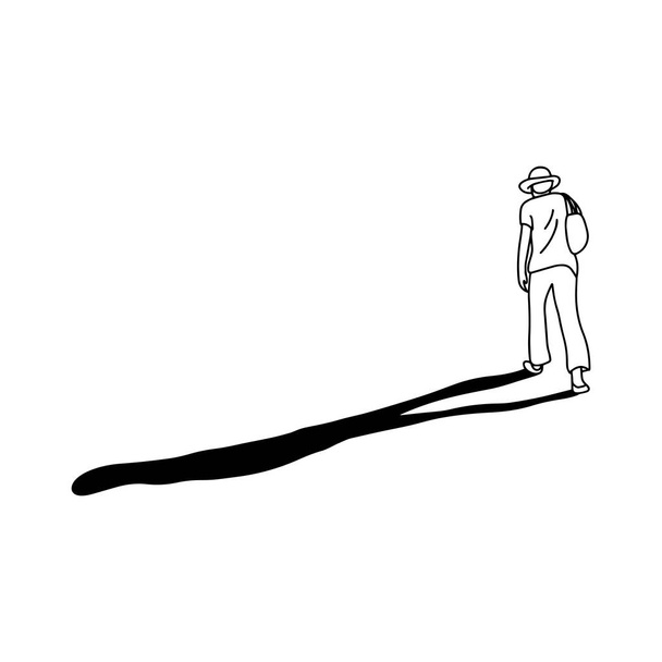 człowiek z długim cieniem chodzenie w rano lub wieczorem wektor ilustracji szkic rysowane ręcznie z czarnymi liniami na białym tle. Miejsce. - Wektor, obraz