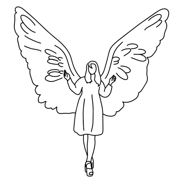 nő nagy szárny a hátán vektor illusztráció vázlat firka kéz rajzolt fekete vonalak elszigetelt fehér háttér - Vektor, kép