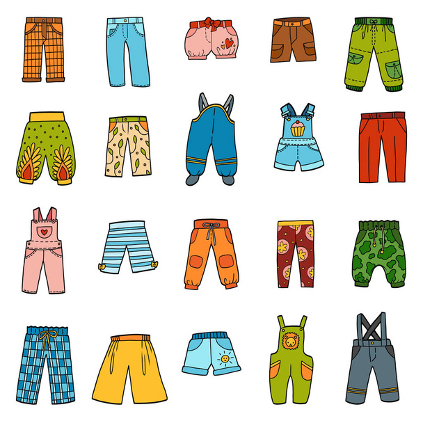 Hosen, farbige Kollektion von Cartoon-Hosen und Overalls - Vektor, Bild