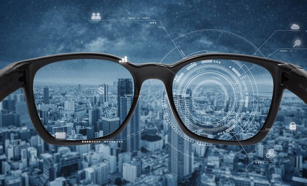 Inteligentne okulary, wirtualna rzeczywistość VR i technologia rzeczywistości rozszerzonej. Inteligentne okulary z futurystyczną grafiką technologiczną i nowoczesnym tłem miasta - Zdjęcie, obraz