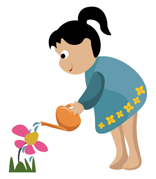 Porträt eines kleinen Mädchens beim Blumengießen im Garten - Vektor, Bild