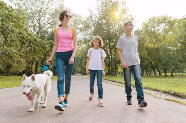 Group of children walking with a white husky dog, park road background. - Fotoğraf, Görsel