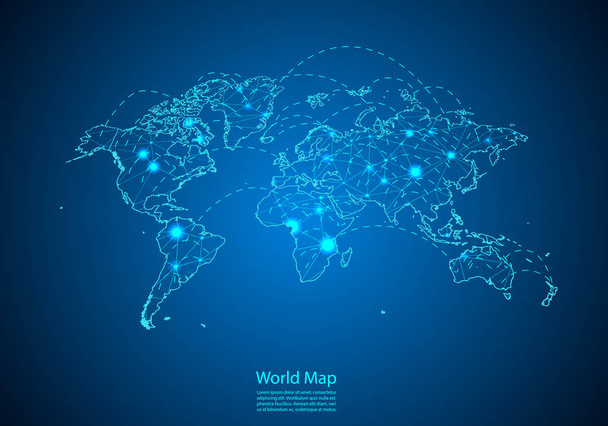 Weltkarte mit Knoten, die durch Linien verbunden sind. Konzept der globalen Gemeinschaft - Vektor, Bild