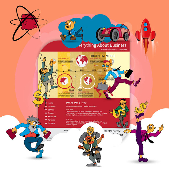 Värikäs verkkosivuilla suunnittelu liiketoiminnan sarjakuvahahmoja, vektori
 - Vektori, kuva