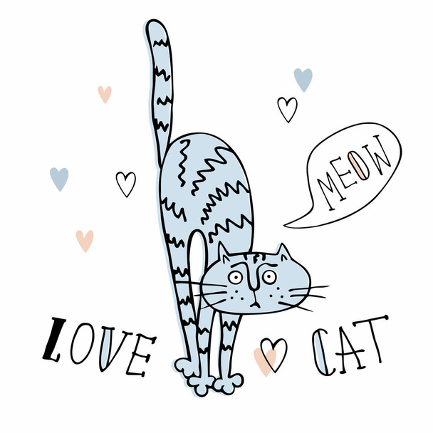 Allegro gatto Doodle in uno stile carino. Sfondo a strisce. Illustrazione vettoriale
 - Vettoriali, immagini