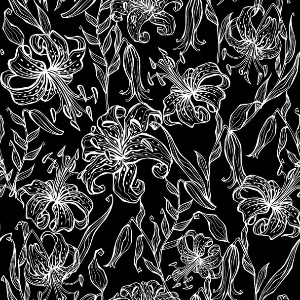 Seamless pattern with lilies. Monochrome. Graphics. Vector. - Vector, Image