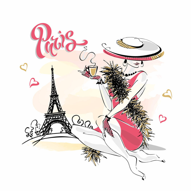 A lány a kalapban iszik kávé. Divat-model, Párizsban. Eiffel-torony. Romantikus összetétele. Elegáns modell nyaralni. Vektor. - Vektor, kép