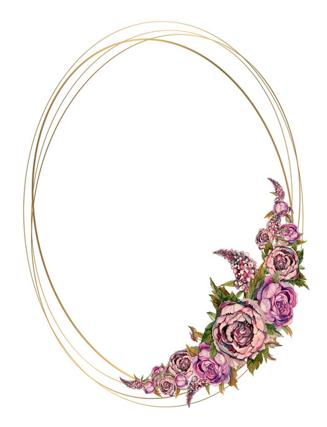 Oval gold frame with pink watercolor flowers. Wedding frame with watercolor garlands of peonies of roses and lilacs - Photo, image