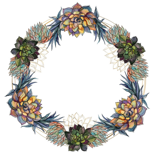 Flower wreath of succulents festive frame. Vector. - Vektor, Bild