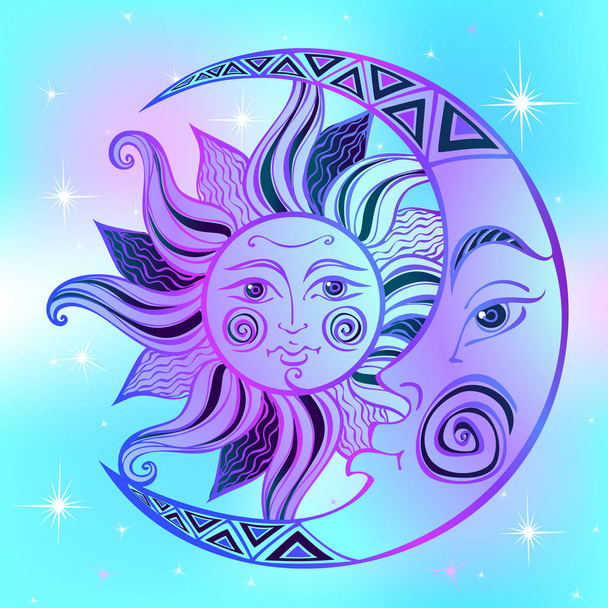 The moon and the sun. Ancient astrological symbol. Engraving. Boho Style. Ethnic. The symbol of the zodiac. Mystical. Vector. - Vector, Image