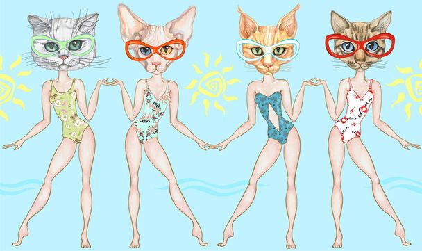 Fashionable beach girls - cats in swimsuits. Seamless border - Vector, Image