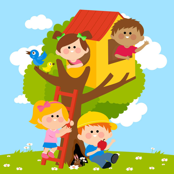 Children playing in a tree house - Vector, Image