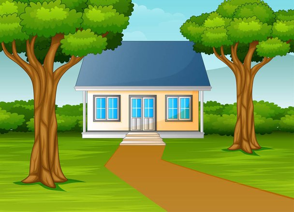 little house in beautiful village with green yard - Vector, Image