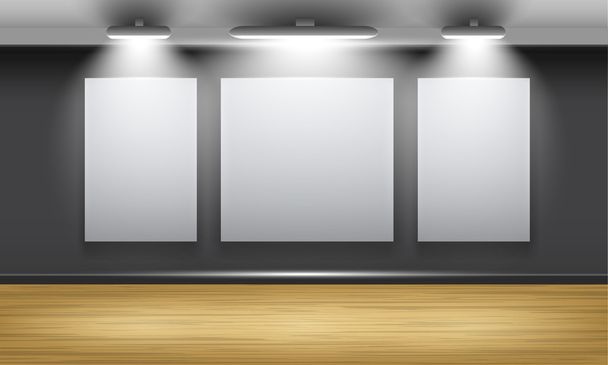 Salón de exposiciones con suelo de madera y los tres marcos en la pared, iluminado por reflectores
. - Vector, imagen