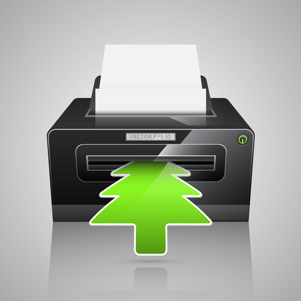 Impresora con papel blanco y árbol de navidad verde
 - Vector, Imagen