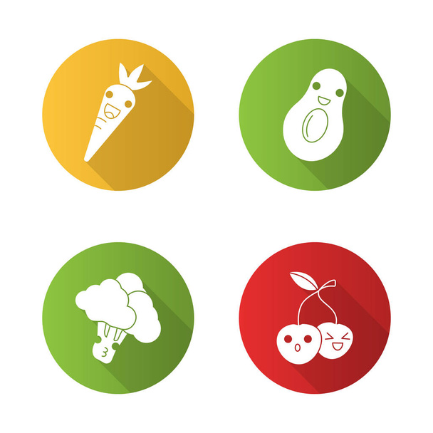 Fruits and vegetables cute kawaii flat design long shadow glyph characters set - Διάνυσμα, εικόνα