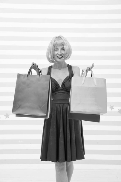 Fashion. Black Friday sales. happy woman go shopping. Crazy girl with shopping bags. Happy shopping online. Happy holidays. Last preparations. big sale in shopping mall, copy space. Modern woman - Foto, afbeelding