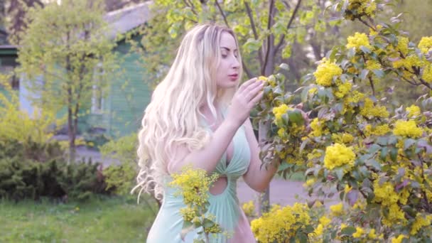 Jonge vrouw ruikt een bloeiende boom in het voorjaar in de tuin. - Video