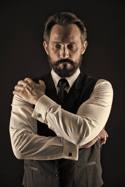 Experienced businessman. Businessman classic formal clothing hold hands crossed on chest. Business advice more experienced entrepreneur. Man thoughtful face calm confident with wrinkles and beard - Photo, image