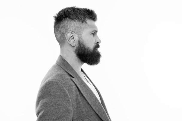 Hipster appearance. Beard fashion and barber concept. Man bearded hipster stylish beard and mustache isolated white. Barber tips maintain beard. Stylish beard and mustache care. Bearded and confident - 写真・画像