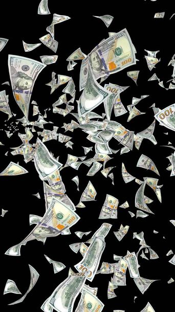 Létající dolarů bankovky, samostatný na tmavém pozadí. Peníze se vznáší ve vzduchu. 100 amerických bankovek nový vzorek. 3D obrázek - Fotografie, Obrázek