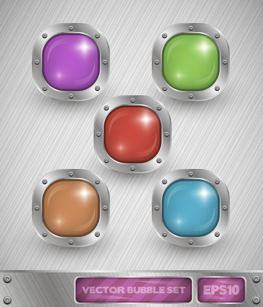 Shiny colorful glass bubble set in aluminum edging on metal background - Vector, afbeelding