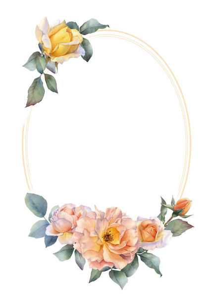 Picturesque oval frame with yellow and tea roses, rosebuds and leaves hand drawn in watercolor isolated on a white background. Floral botanical illustration for wedding invitations, greeting cards  - Photo, Image