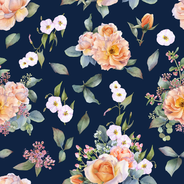 Picturesque seamless pattern with yellow roses, green and gold leaves and splashes hand drawn in watercolor isolated on  background. Watercolor floral background. Ideal for wallpaper or fabric - Photo, Image