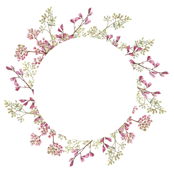 Hand drawn watercolor wreath with picturesque herbs, leaves and bloom branches isolated on a white background. Ideal for creating invitations, greeting cards. Floral illustration.Botanic composition  - Photo, Image