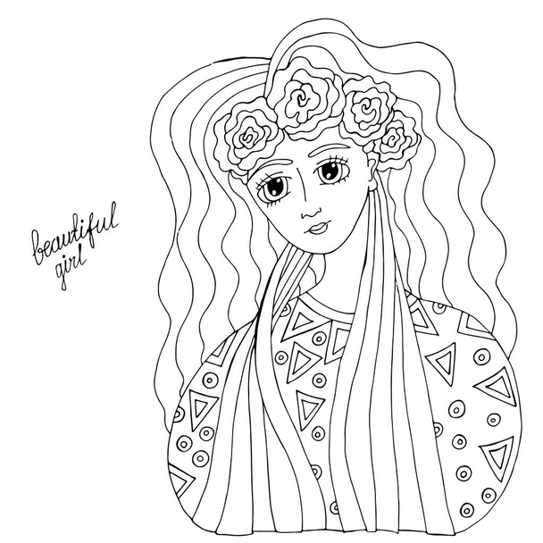 Portrétní Mladá krásná dívka s dlouhými vlasy a květinové diagnostice - Vektor, obrázek