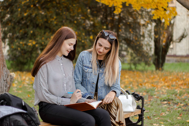Deux copines prennent des notes alors qu'elles sont assises sur un banc dans un parc d'automne
 - Photo, image