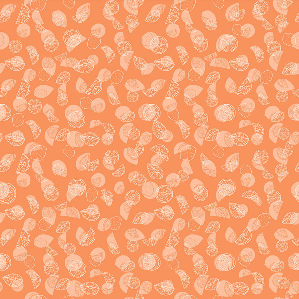 Pomarańczowe sylwetki i sztuki linii ręcznie rysowane owoców cytrusowych tekstury. Płynny wzór wektorowy. - Wektor, obraz