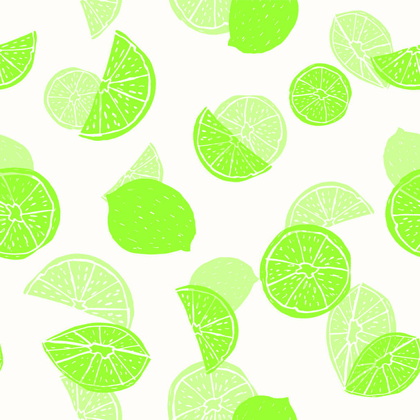ネオングリーンの手描きの柑橘系フルーツシルエットで、白に透明なレイヤー効果を与えます。シームレスベクトルパターン. - ベクター画像