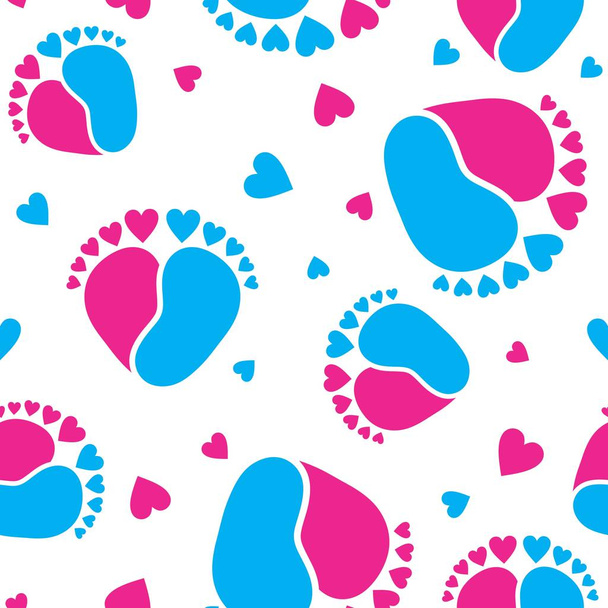 Varrat nélküli vektoros mintázat a Baby Feet és a szív alakú - Vektor, kép