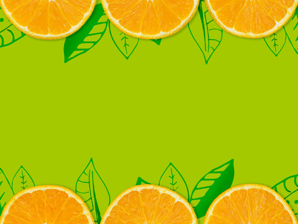 abstract orange background. fresh orange slide isolated on green background decorate with green leaves line for food and beverage background - Foto, afbeelding