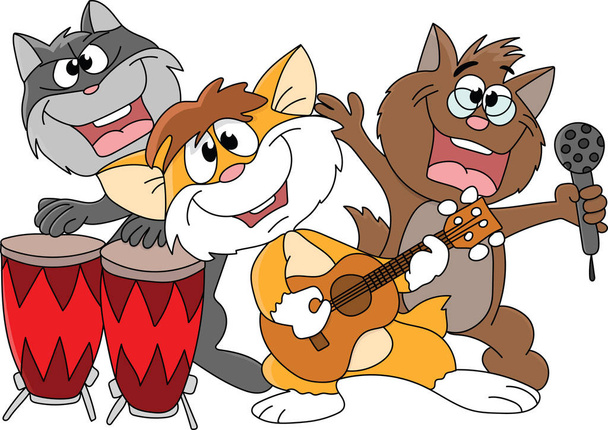 Cartoon group of cats making music vector illustration - Vector, Image