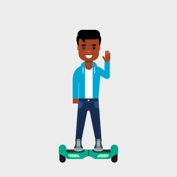 Jeune Afro-Américain sur hoverboard souriant et agitant. Scooter gyroscope. Concept de navettage. Auto équilibrage scooter électrique à deux roues. Illustration vectorielle, style plat, clip art
.  - Vecteur, image