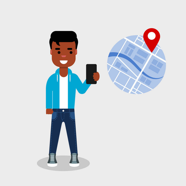 Young African American holding phone using navigation. Searching point on the map with location marker. GPS, geo tag, navigational app, electronic map,concept. Vector illustration,flat style,clip art. - Vector, Image
