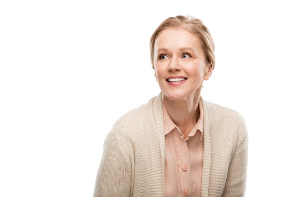 boldog középkorú nő izolált fehér és másolási tér - Fotó, kép