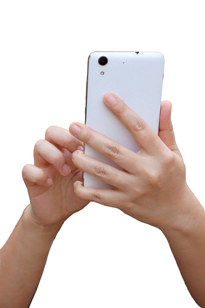Mujer asiática sosteniendo la mano y el uso de teléfono inteligente muestran la parte posterior. i
 - Foto, Imagen