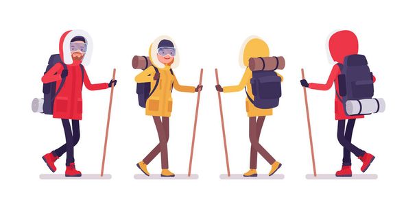 Escursioni invernali uomo, donna a piedi con un bastone
 - Vettoriali, immagini