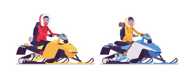 Χειμερινή πεζοπορία άνθρωπος, γυναίκα ιππασία snowmobile - Διάνυσμα, εικόνα