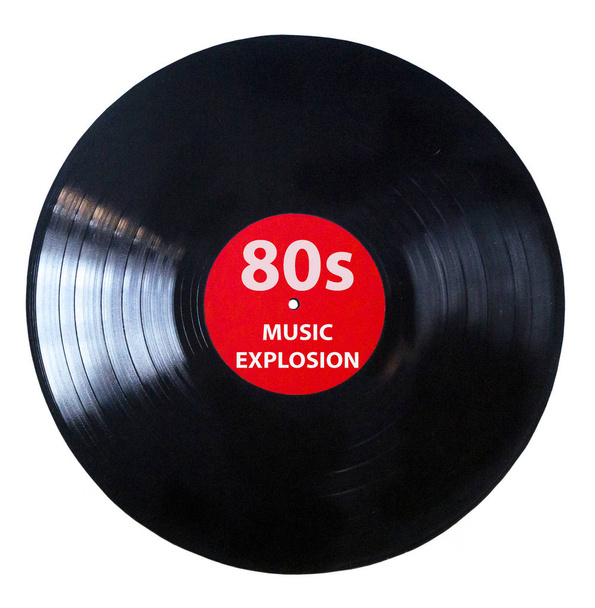 それは80年代のための時間です - ビニールレコードは、音楽ヴィンテージを再生 - 白い背景を持つビニール - 写真・画像