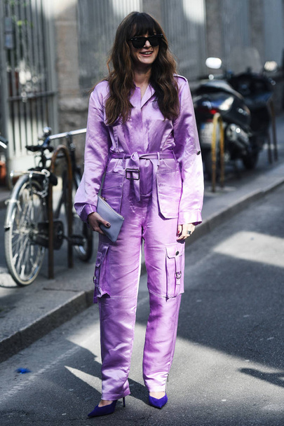 Milan, Italy - February 22, 2019: Street style Influencer Eleonora Carisi before a fashion show during Milan Fashion Week - MFWFW19 - Zdjęcie, obraz