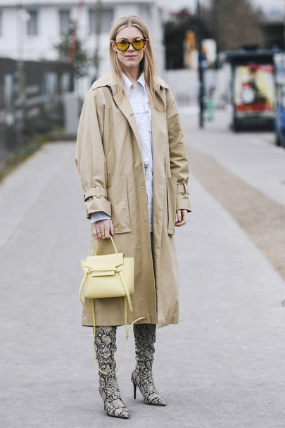 Paris, France - March 03, 2019: Street style outfit -   after a fashion show during Paris Fashion Week - PFWFW19 - 写真・画像