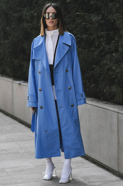 Milan, Italy - February 21, 2019: Street style Outfit before a fashion show during Milan Fashion Week - MFWFW19 - 写真・画像