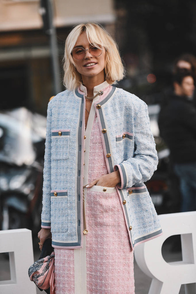 Milan, Italy - February 20, 2019: Street style outfit before a fashion show during Milan Fashion Week  - MFWFW19 - Fotó, kép