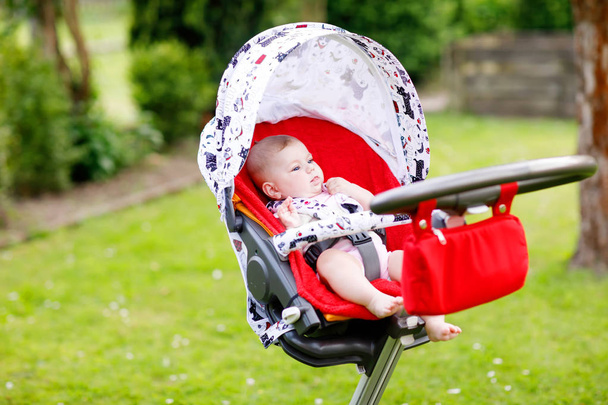 Cute little beautiful baby girl of 6 months sitting in the pram or stroller and waiting for mom - Foto, Imagem