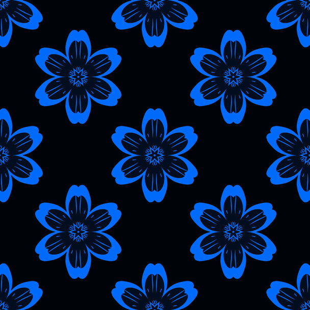 Digitale blauwe bloemen eenvoudige naadloze patroon op zwart - Foto, afbeelding