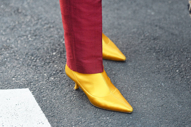Milan, Italy - February 22, 2019: Street style Fancy shoes in detail during Milan Fashion Week - MFWFW19 - 写真・画像